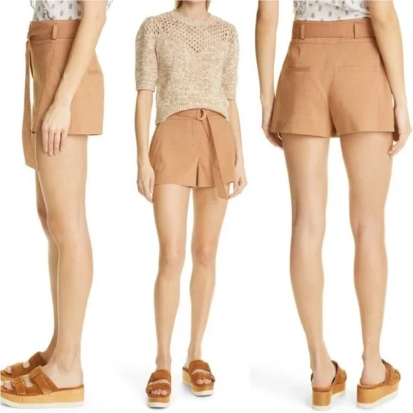 Veronica Beard Borneo High-Waist Chai Shorts with D-Ring Belt Size 2